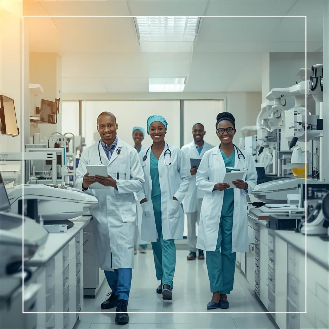 A diverse team of healthcare professionals in a meeting.
